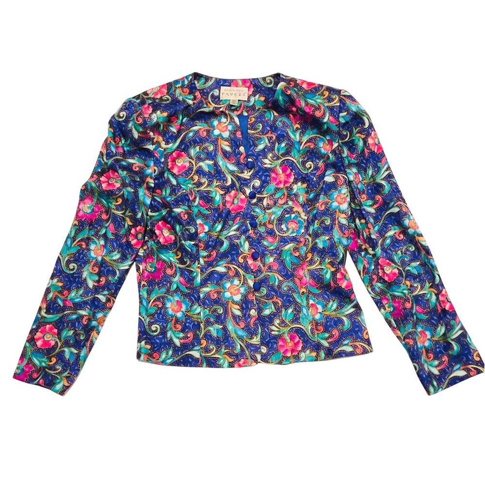 Adrianna Papell vintage womens silk blazer floral jacket Bright button 8 career